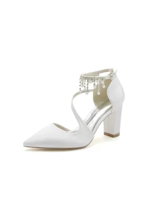 White Satin Pump with Pearl-Embedded Chain Heel