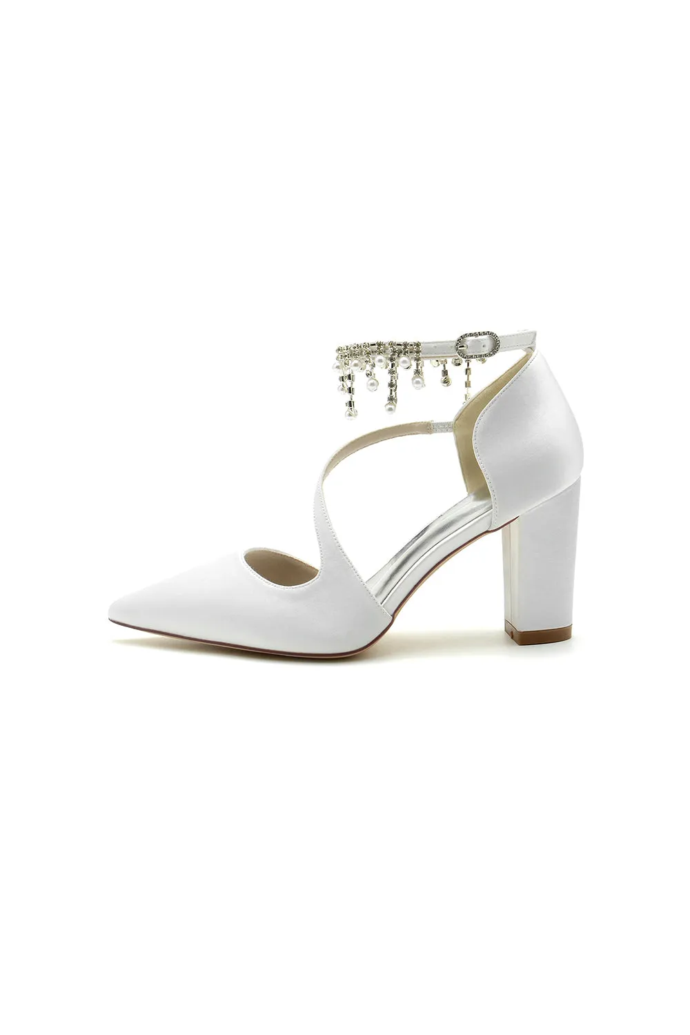 White Satin Pump with Pearl-Embedded Chain Heel