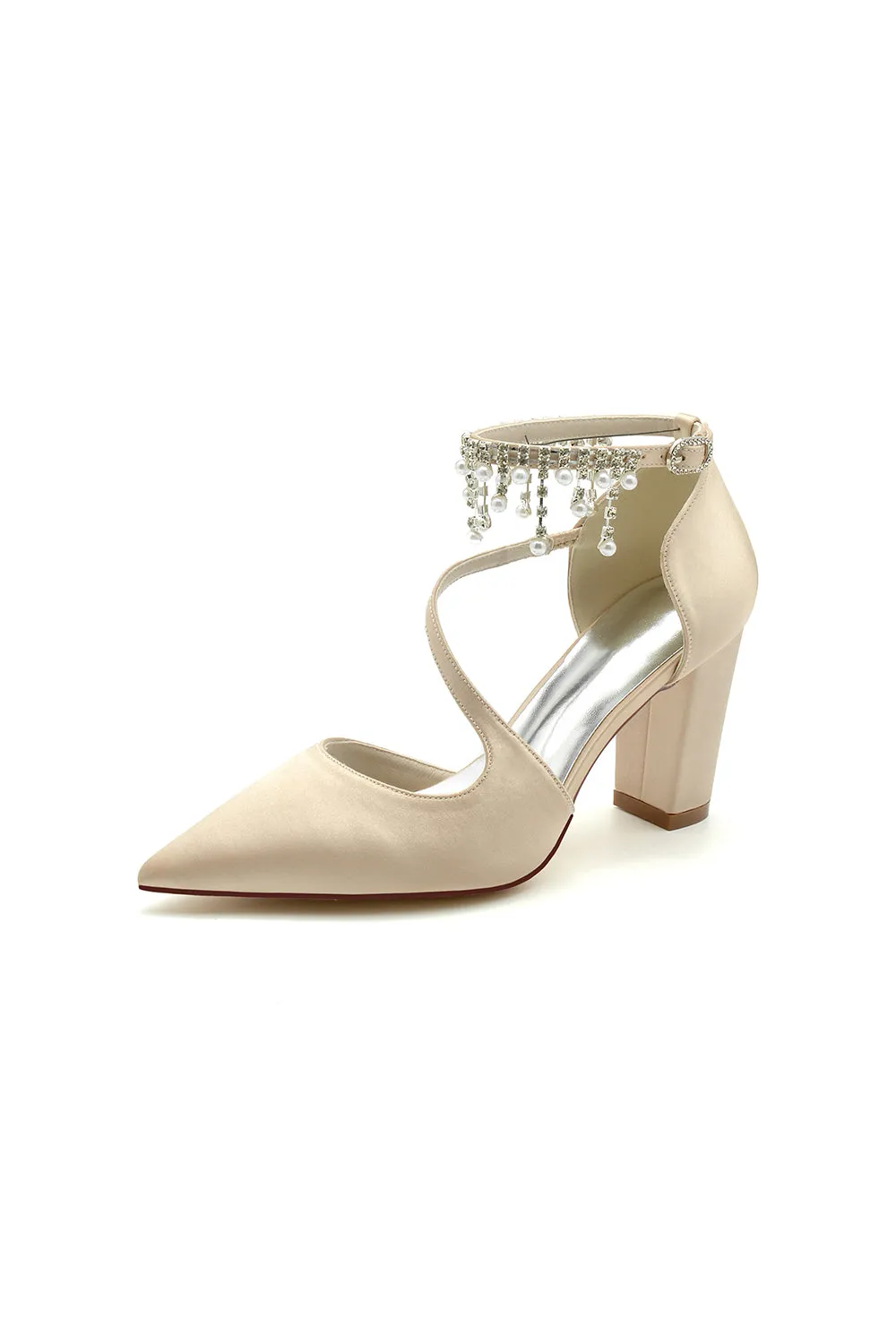 White Satin Pump with Pearl-Embedded Chain Heel