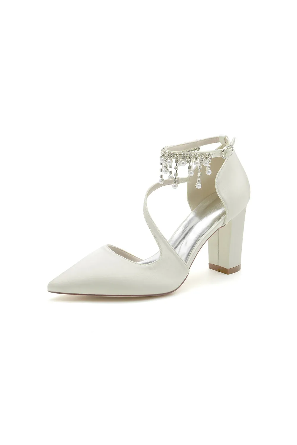 White Satin Pump with Pearl-Embedded Chain Heel