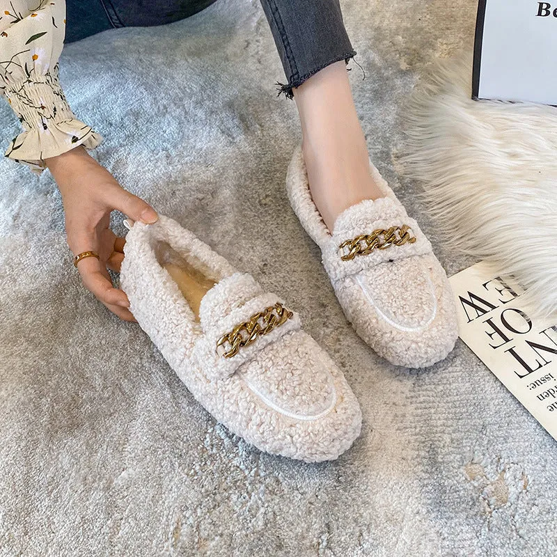 Women Faux-Fur Loafers Metal Chain Winter Warm Lamb Fur Flat Shoes