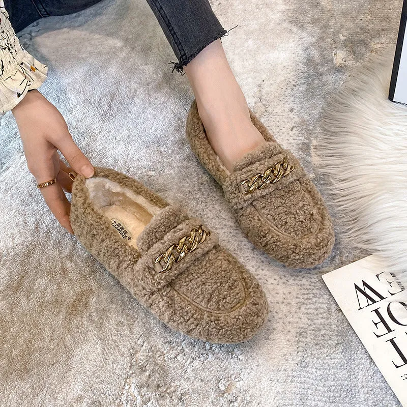 Women Faux-Fur Loafers Metal Chain Winter Warm Lamb Fur Flat Shoes