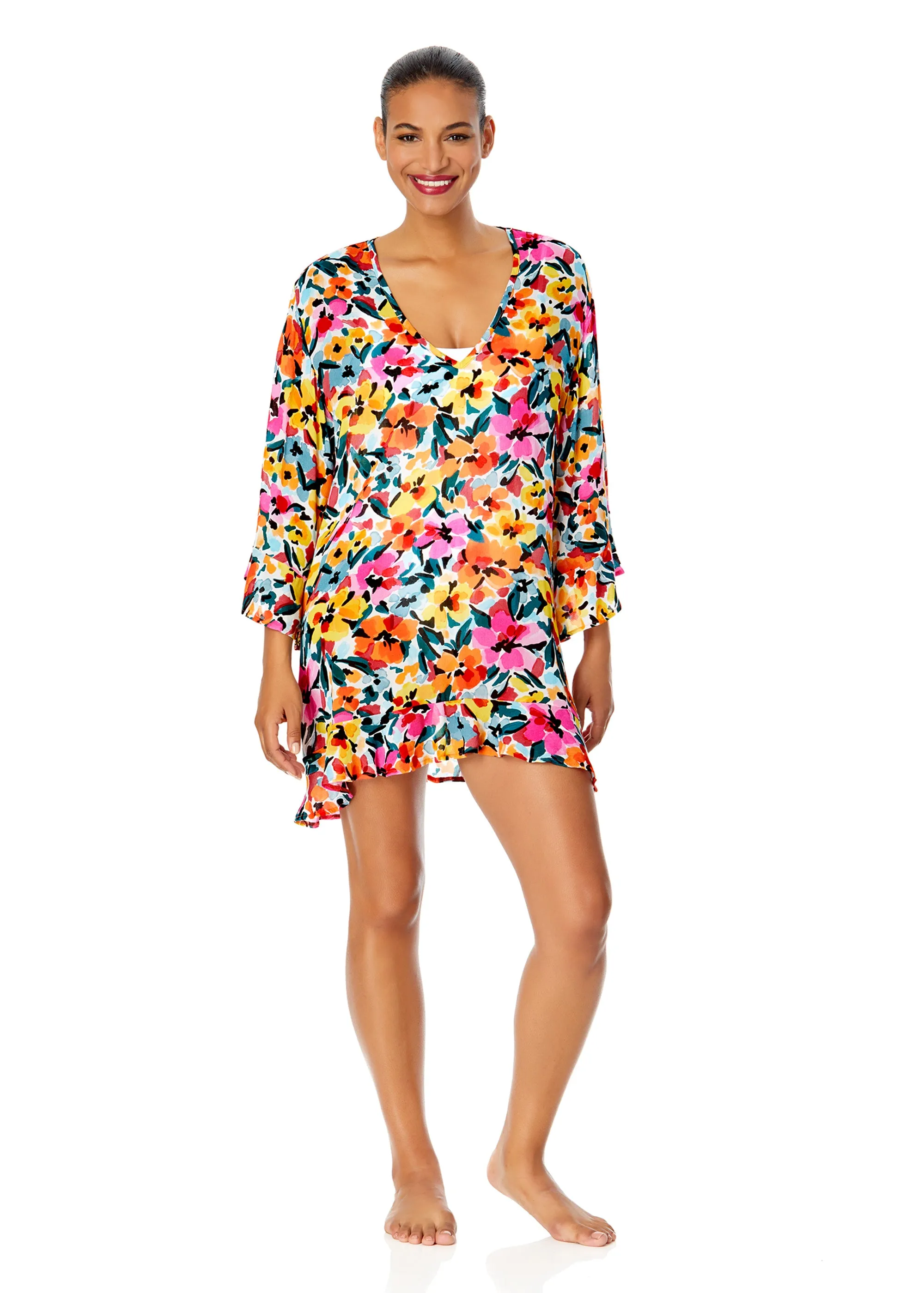 Women's Gradient Floral Flounce V Neck Tunic Swimsuit Cover Up